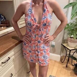 Anthropologie Floral Halter Dress in Orange and Blue